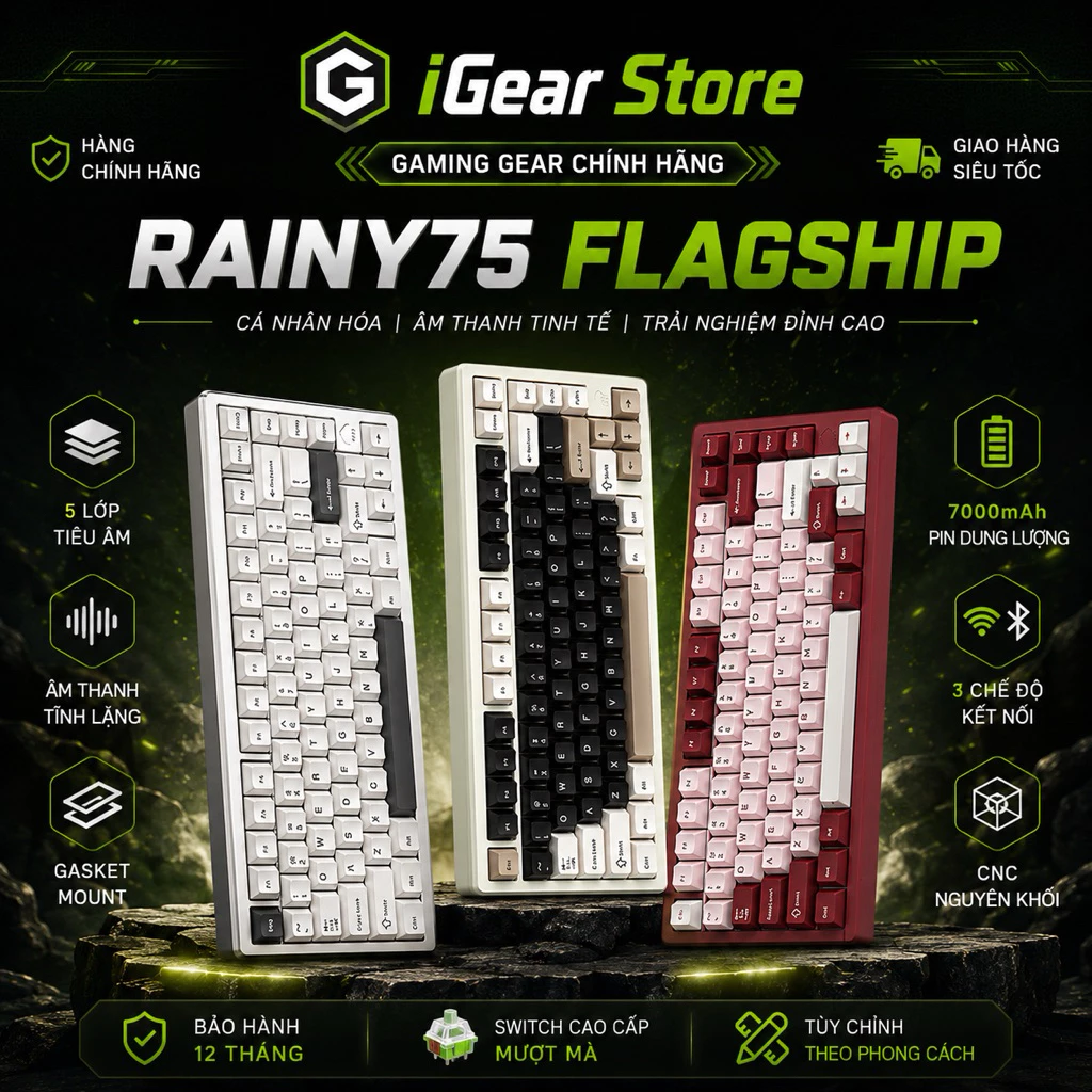 Rainy 75 - Bàn phím cơ RAINY75 Kết Nối 3 Mode, Full Nhôm, Led RGB