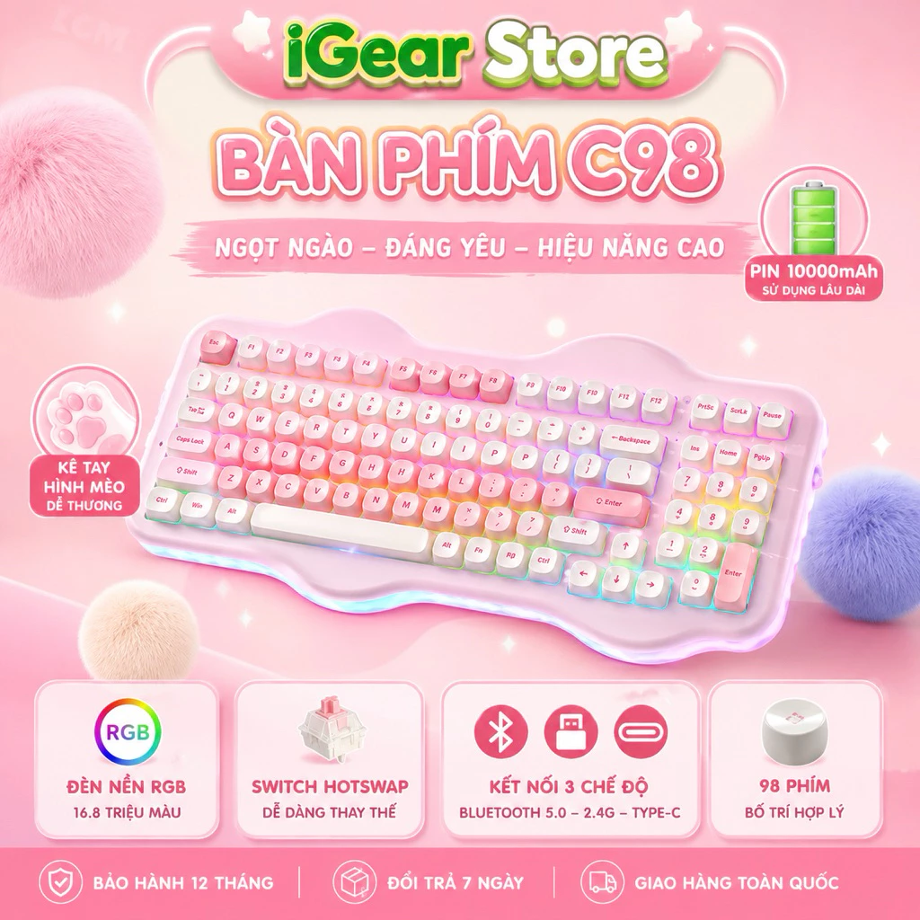 Bàn Phím Cơ Không Dây YUNZII C98 Cat Cake - Layout 98 Phím, Gasket Mount, Pin 10000mAh