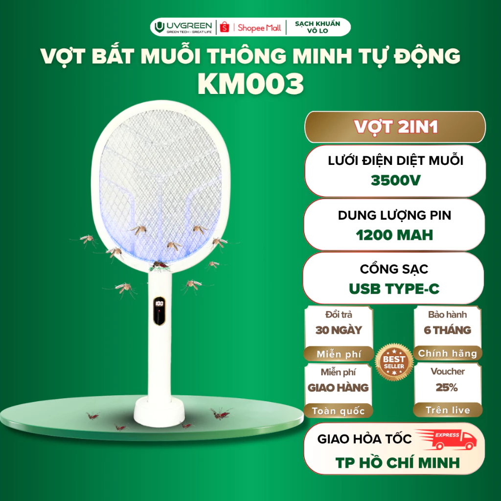 Vợt Bắt Muỗi Thông Minh 2in1 KM003 UVGREEN, Đèn UVA Tự Động Hút Muỗi Hiệu Quả, Lưới Điện 3 Lớp 3500V