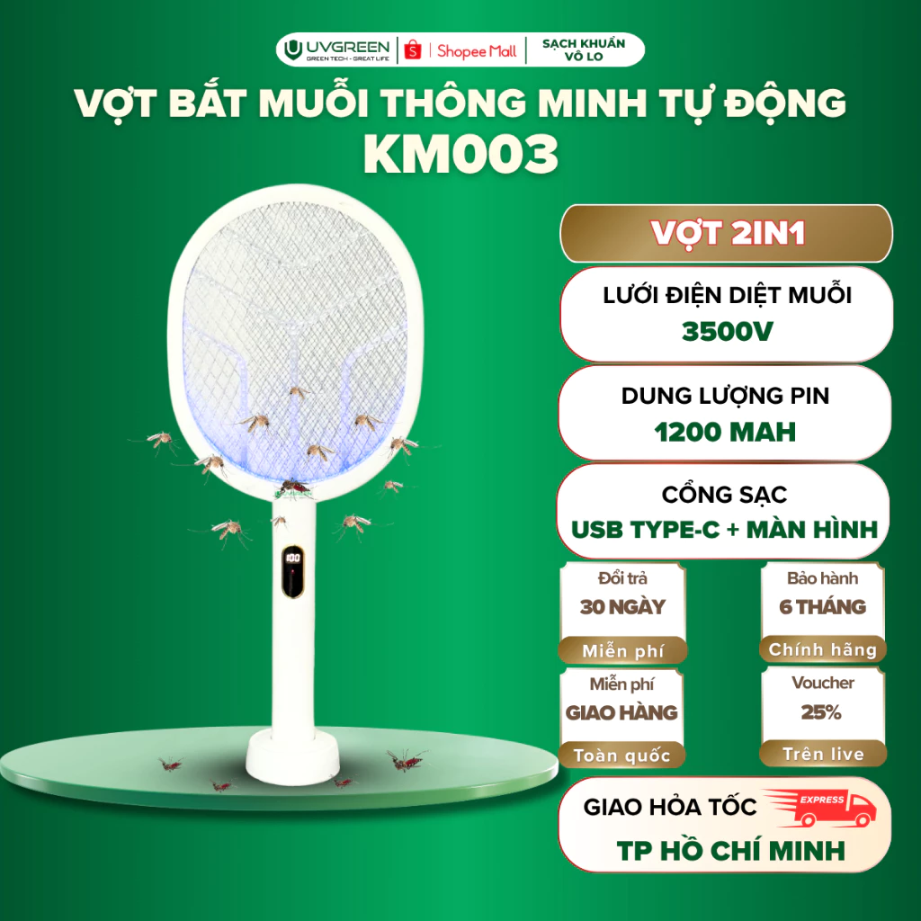 [HO] Vợt Bắt Muỗi Thông Minh 2in1 KM003 UVGREEN, Đèn UVA Tự Động Hút Muỗi Hiệu Quả, Lưới Điện 3 Lớp