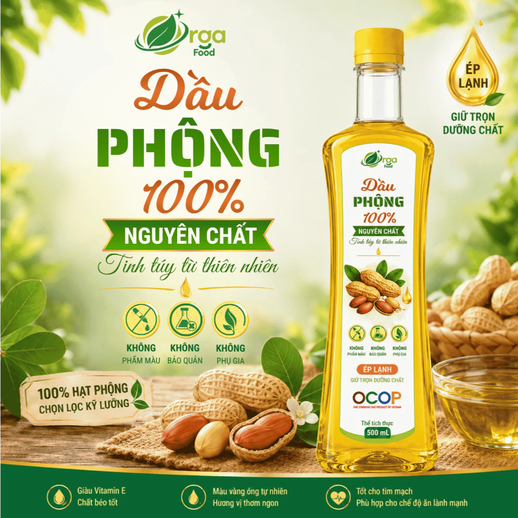 Dầu Phộng (Dầu Lạc) Nguyên Chất Ép Lạnh Cao Cấp Orgafood 500ml - Không Phụ Gia, Không Chất Bảo Quản