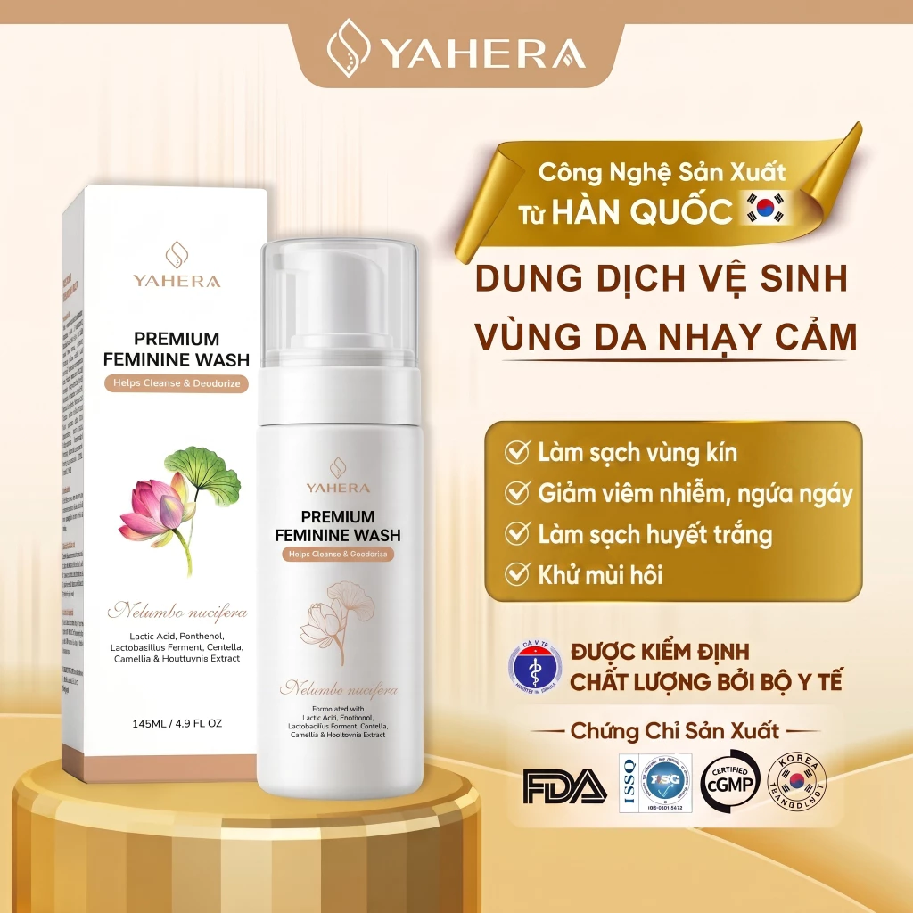 Dung Dịch Vệ Sinh Vùng Da Nhạy Cảm Phụ Nữ YAHERA Làm Sạch Vùng Kín, Giảm Viêm Ngứa, Sạch Tiết Dịch, Giảm Mùi Hôi 145ml