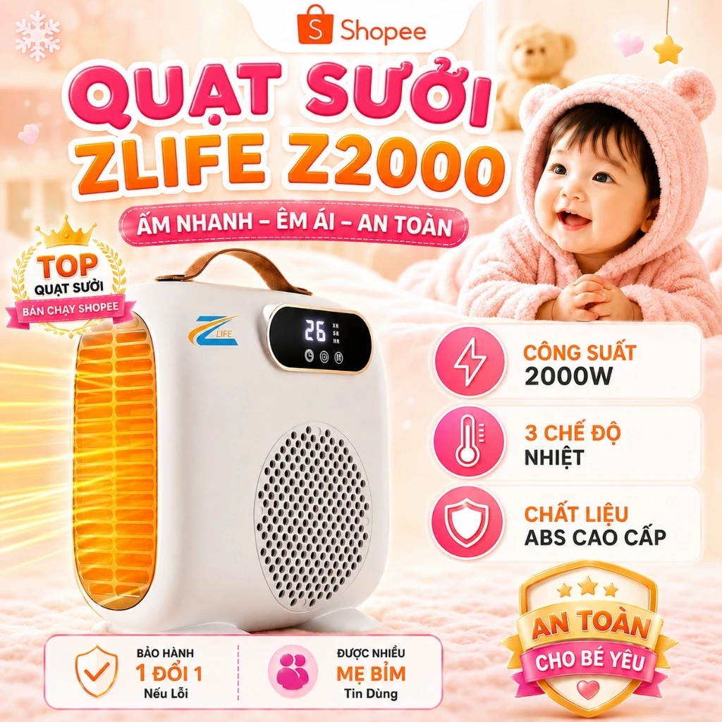 Quạt Sưởi Gốm Công Suất 2000W, Máy Sưởi Ấm Zlife Đa Chức Năng, An Toàn Cho Bé, Không Gây Khô Da