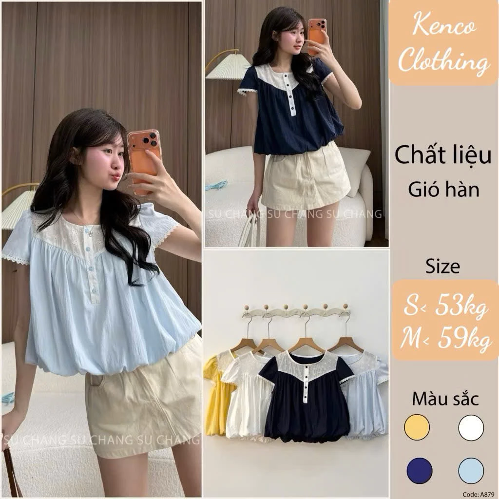 Áo Cộc Tay Dáng Bí Cúc Dọc Phối Ren A4600 KENCO Thời Trang Nữ