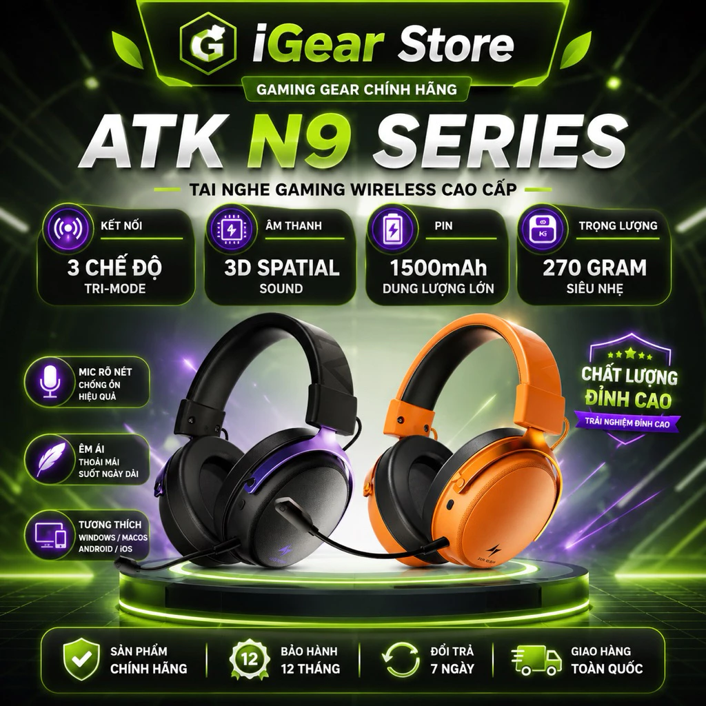 Tai Nghe Gaming Không Dây ATK Neptune N9, Driver Phủ Titan 53mm, Tần Số 10-40KHz, Âm Thanh Không Gian 3D, Độ Trễ Thấp