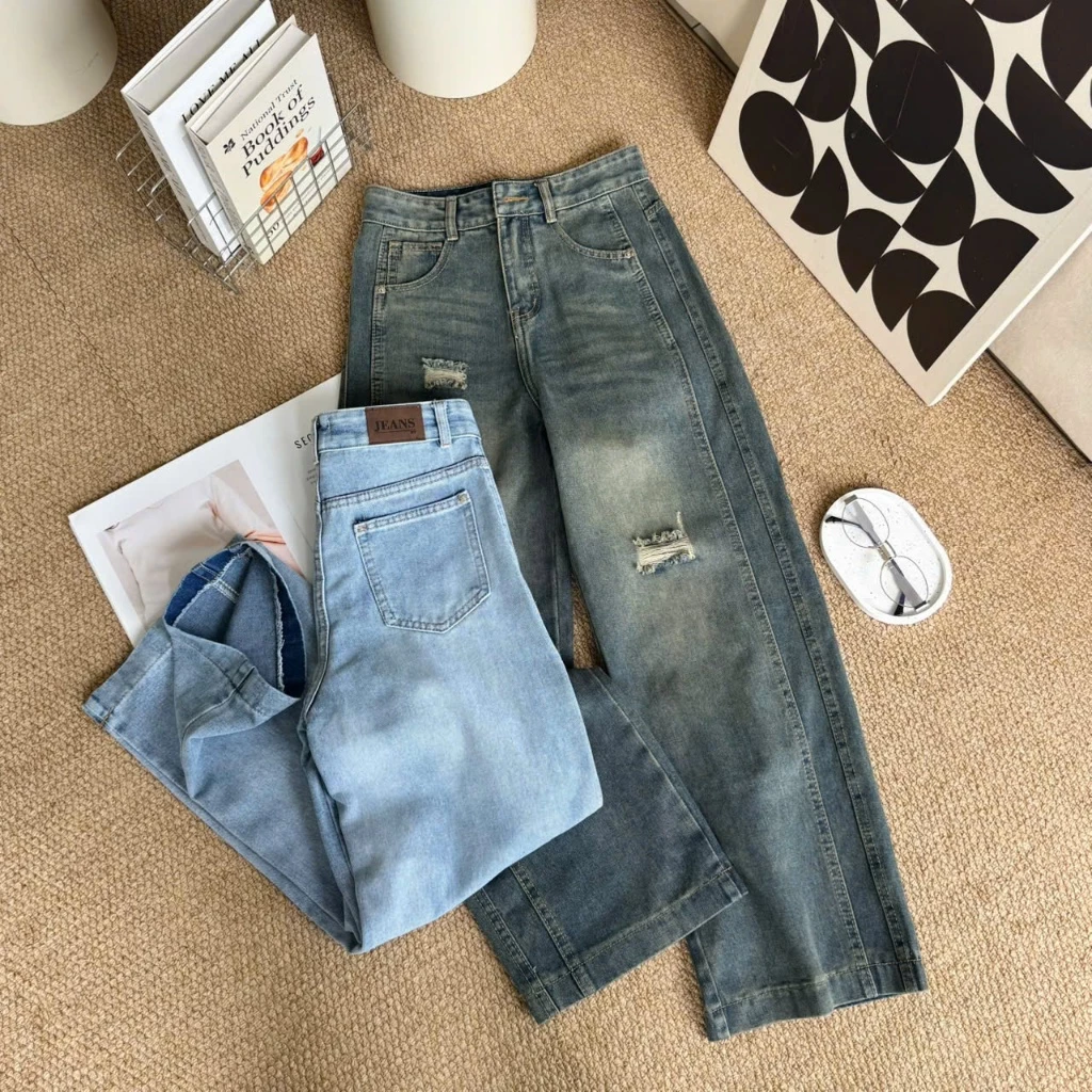 Viily - Quần Jeans Suông Nữ, Quần Bò Nữ Nối Thân Kiểu, Rách Thời Trang MS 229