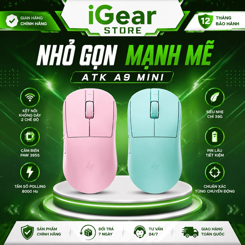 Chuột Gaming ATK A9 Mini Master PAW3955 Nordic 54L15 Wireless 8K Siêu Nhẹ Pin 800h FPS Valorant CS2