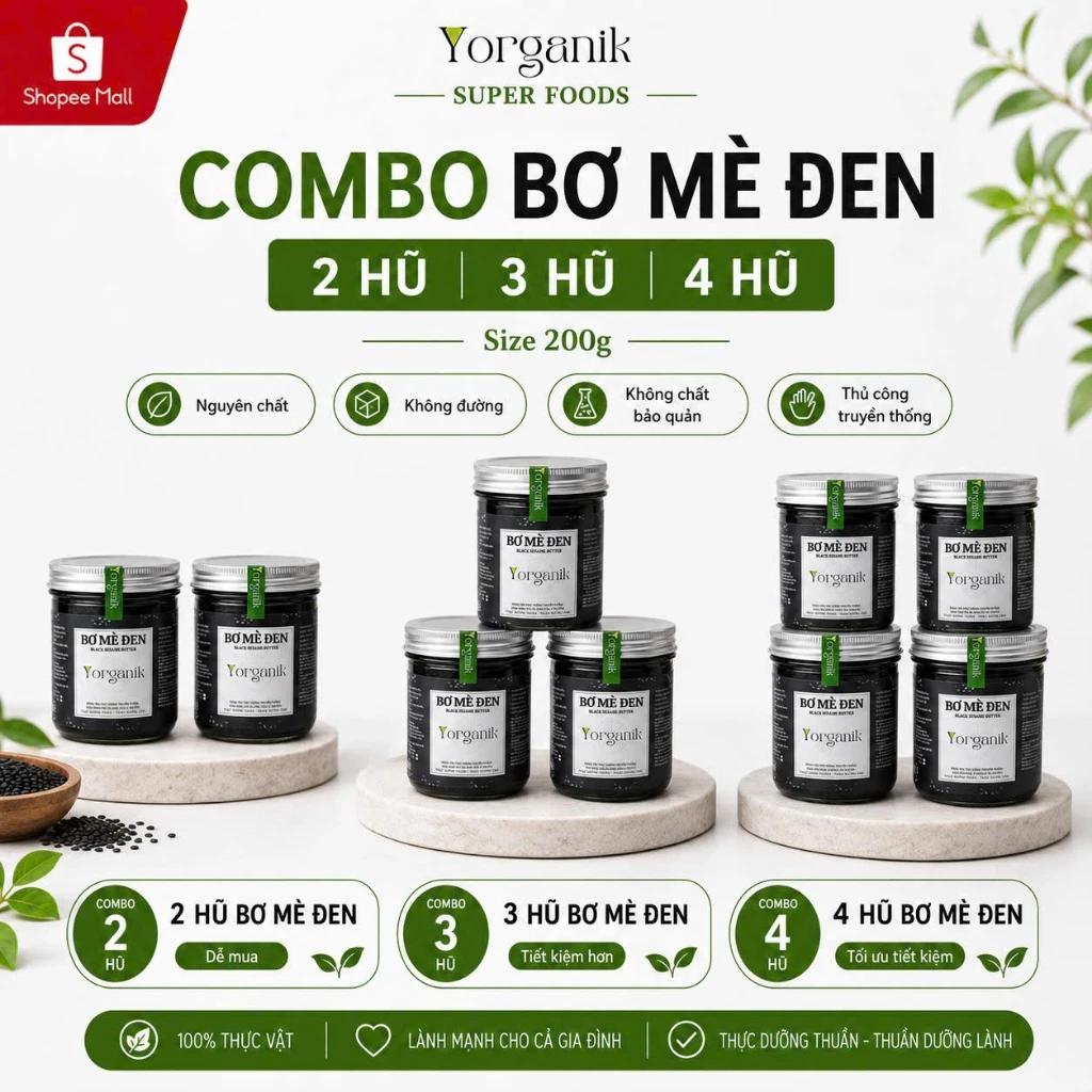[Combo tiết kiệm] 2-4 Hũ Bơ Mè Đen Yorganik 200g Không Đường Rang Củi Ăn Kiêng Keto Eat Clean