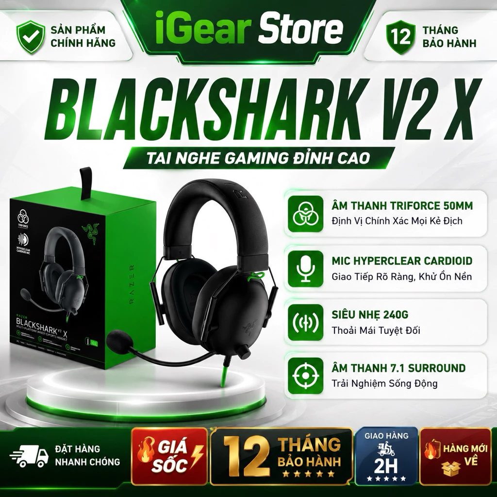 [NEW-BH12T] Tai Nghe Gaming Razer BlackShark V2 X – Chống Ồn, 7.1 Surround, 3.5mm, 50mm Driver