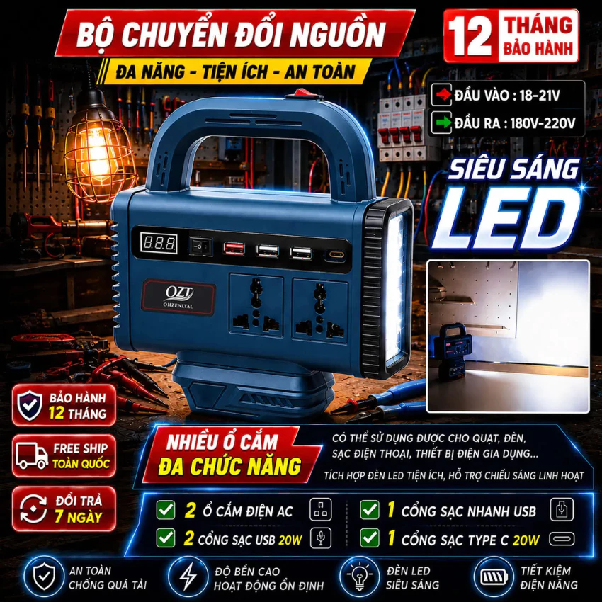 Đế Chuyển Đổi Nguồn Điện Dùng Chân Pin Phổ Thông 4cm, Chuyển 21V Lên 220V Tích Hợp Đèn Led, Ổ Cắm, Cổng Sạc USB Tiện Lợi