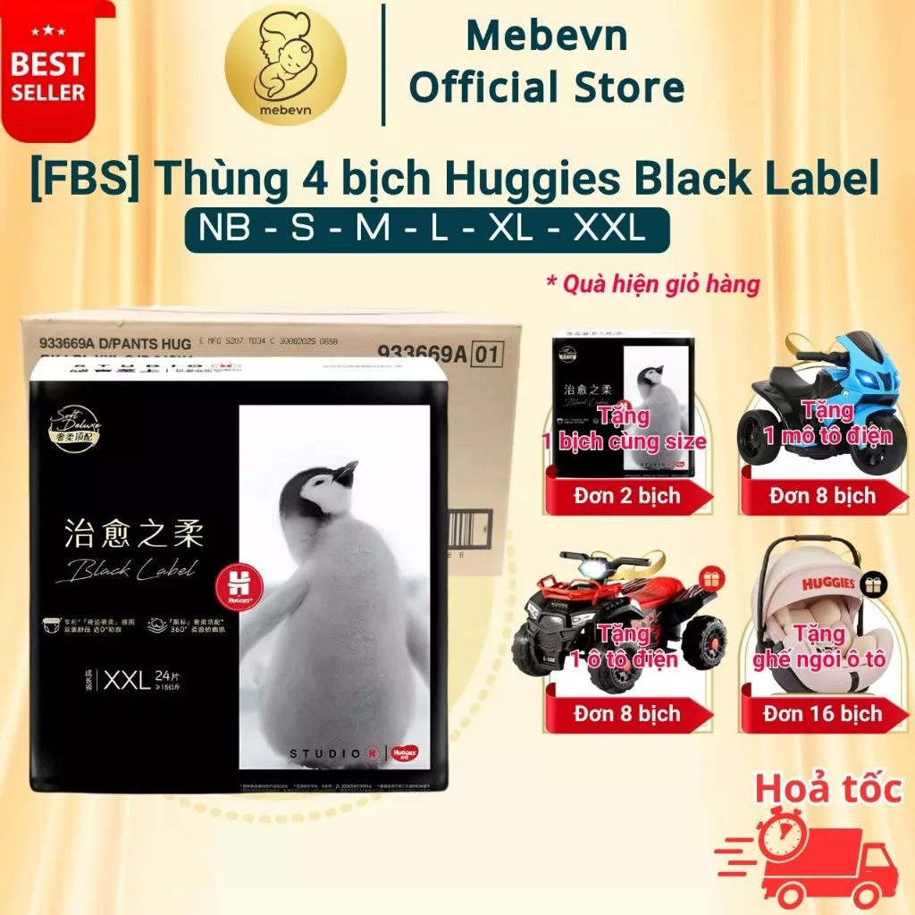 [FBS] Thùng Jumbo 4 bịch bỉm Huggies Black Label, bỉm Huggies chính hãng mềm mỏng & thấm hút tốt