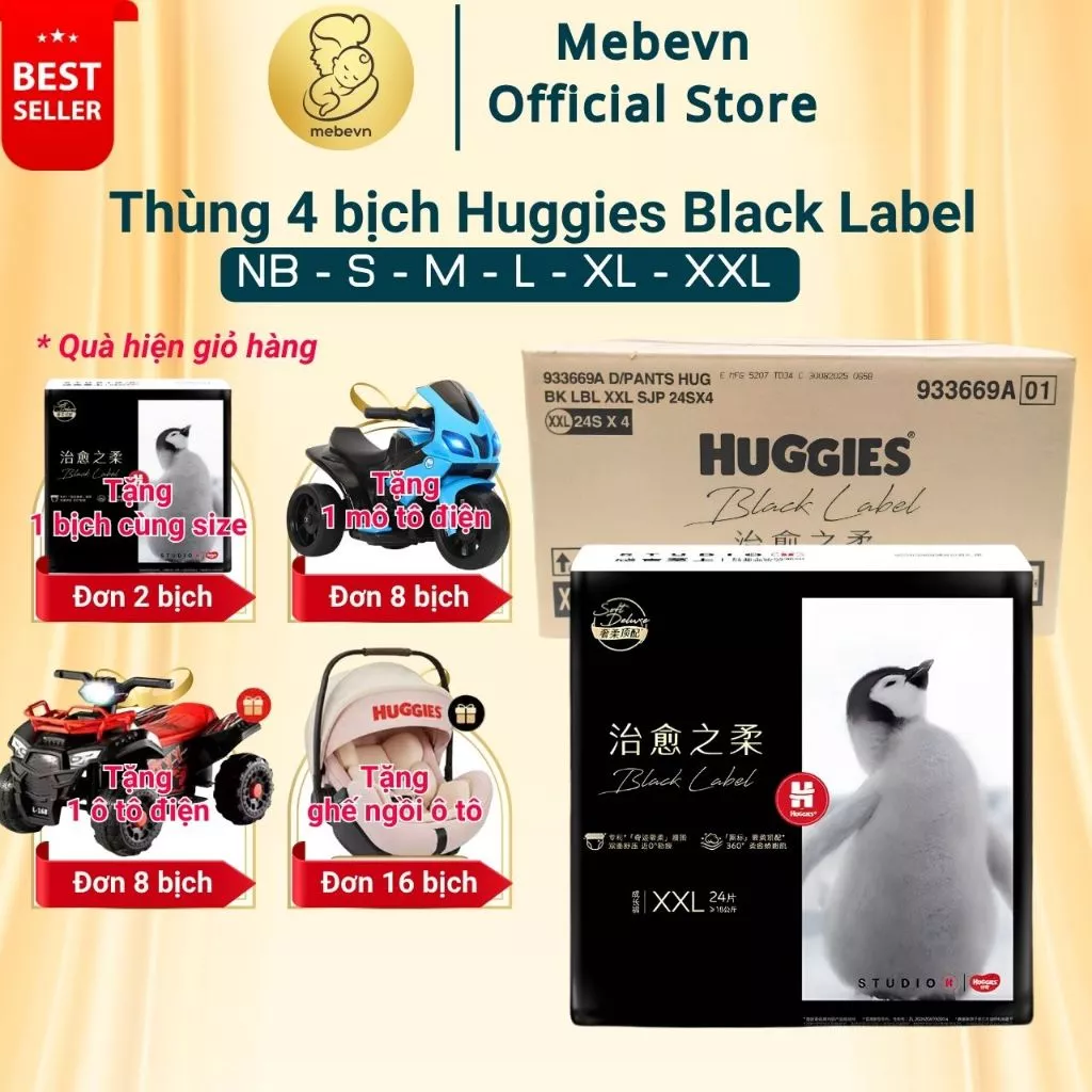 Thùng Jumbo 4 bịch Bỉm/Tã Huggies Black Label, bỉm Huggies chính hãng siêu mềm mỏng và thấm hút