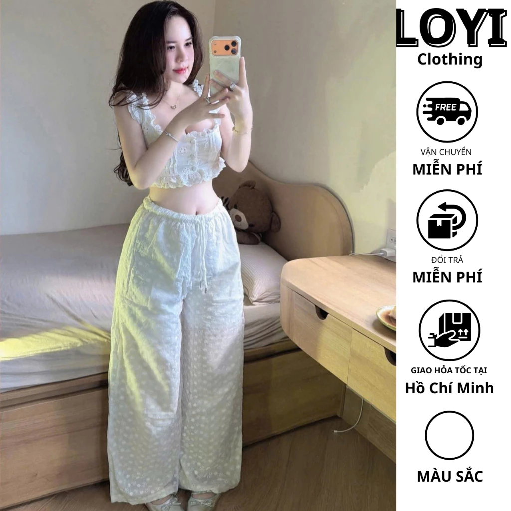 [Hỏa Tốc] Set Đồ Nữ Áo Hai Dây Croptop Viền Ren Phối Bèo + Quần Dài Ống Suông Thanh Lịch Dịu Dàng