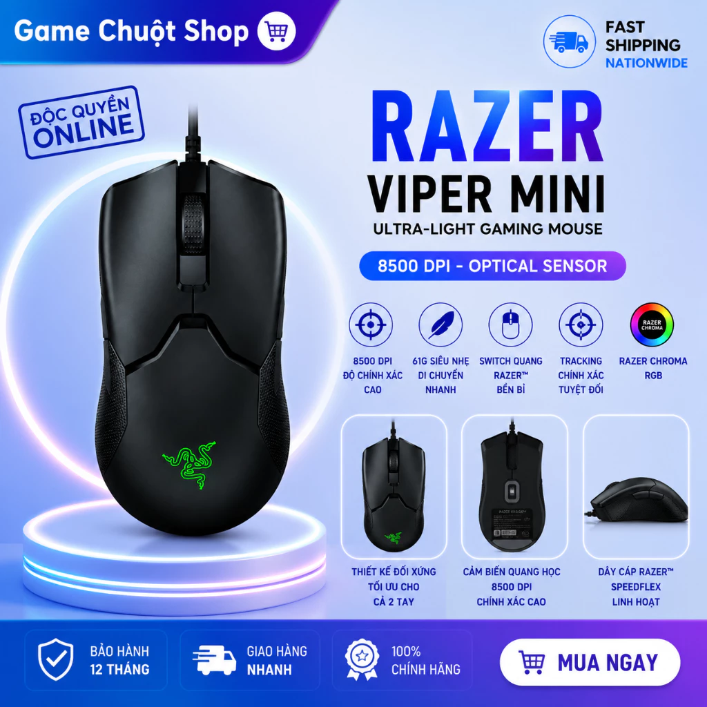 Chuột Chơi Game Razer Viper Mini USB Có Dây 8500 DPI Thiết Kế Siêu Nhẹ Chính Hãng