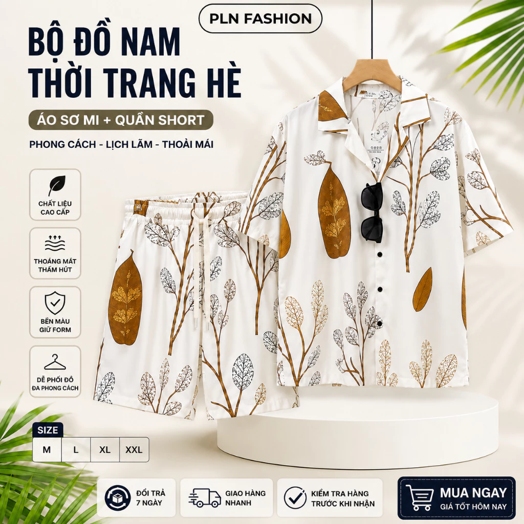 bộ đồ cộc tay họa tiết nam mặc mùa hè chất lụa thoáng mát, áo sơ mi ngắn tay cổ V lụa mát PLN N98