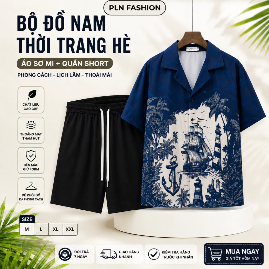 bộ hè ngắn tay nam cao cấp chất lụa, bộ sơ mi cộc tay đi biển form đẹp trẻ trung mẫu hot N99
