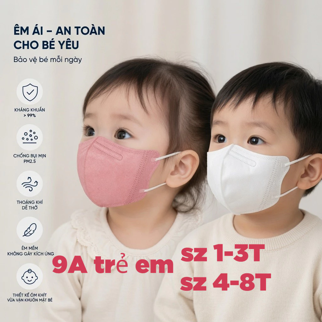 Thùng 200 cái Khẩu Trang Trẻ Em 9A DENTAL 4 Lớp-Hàng Loại 1, có 2 Size từ 1-8 tuổi, trang trẻ em cao cấp , chống nắng