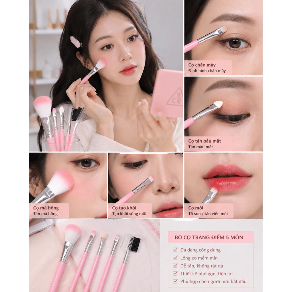 Bộ Cọ Trang Điểm 5 Cây Mini – Cọ Makeup Cá Nhân, Cọ Phấn Mắt, Má Hồng