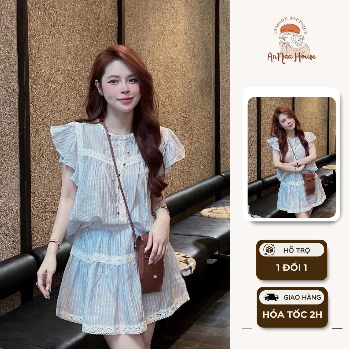 Áo sơ mi kẻ xanh cổ tròn, áo cánh tiên kèm chân váy viền ren xòe xếp tầng mặc đi chơi cafe Hàn Quốc