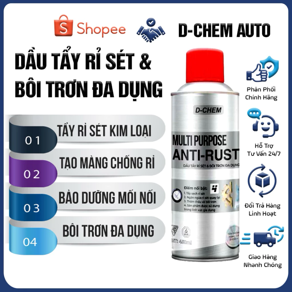 Dầu Tẩy Rỉ Sét Và Bôi Trơn Đa Dụng D-Chem [Chính Hãng] Anti Rust 450ml-380g Bảo Dưỡng Xe Cộ Mối Nối Kim Loại