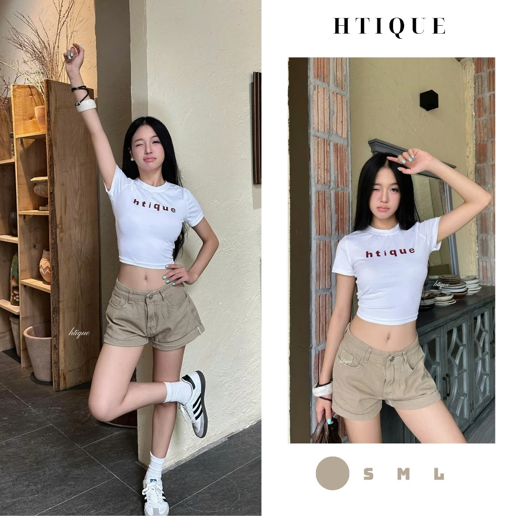 HTIQUE - DEAL mở bán Quần Short jeans Nữ Màu Be Cát Ống Gập Lai, Quần Short Form Chữ A Tôn Dáng Trẻ Trung QB41