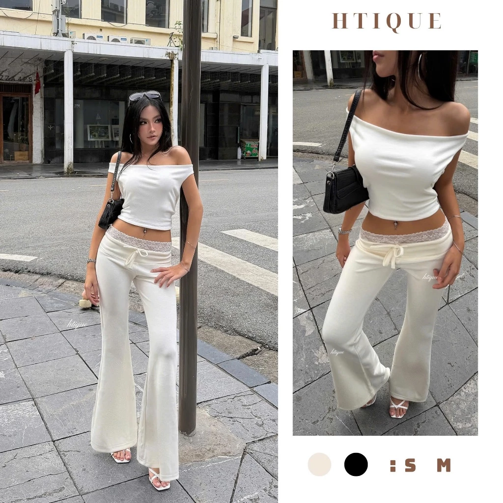 HTIQUE - Mở Bán Quần Loe Cạp Phối Ren, Quần Ống Loe Nữ Tiểu Thư Dây Rút Tôn Dáng Mặc Đi Chơi Đi Làm QB39
