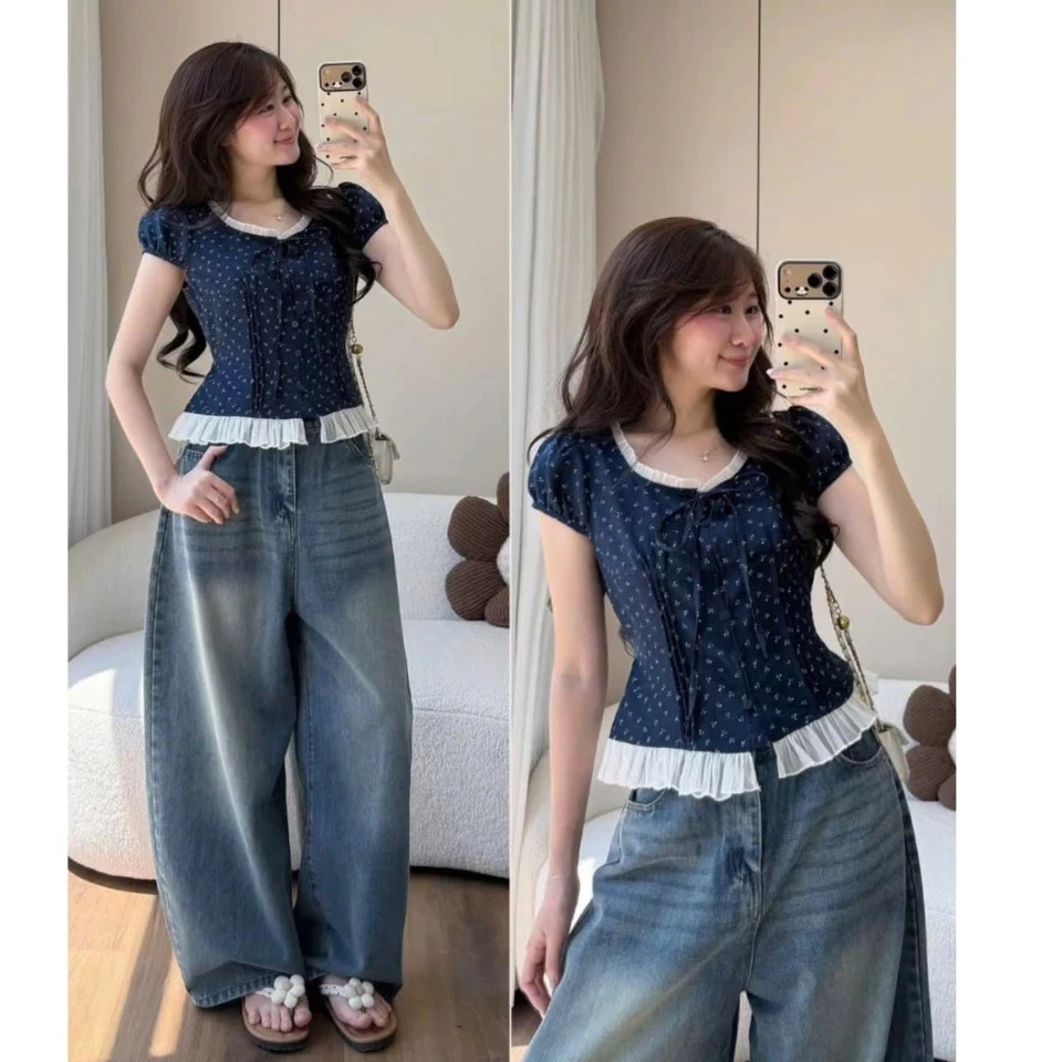 Áo kiểu Babydoll hoa nhí phối viền bèo,áo sơ mi  buộc nơ ngắn tay form fit người cực tôn dáng phong cách Hàn