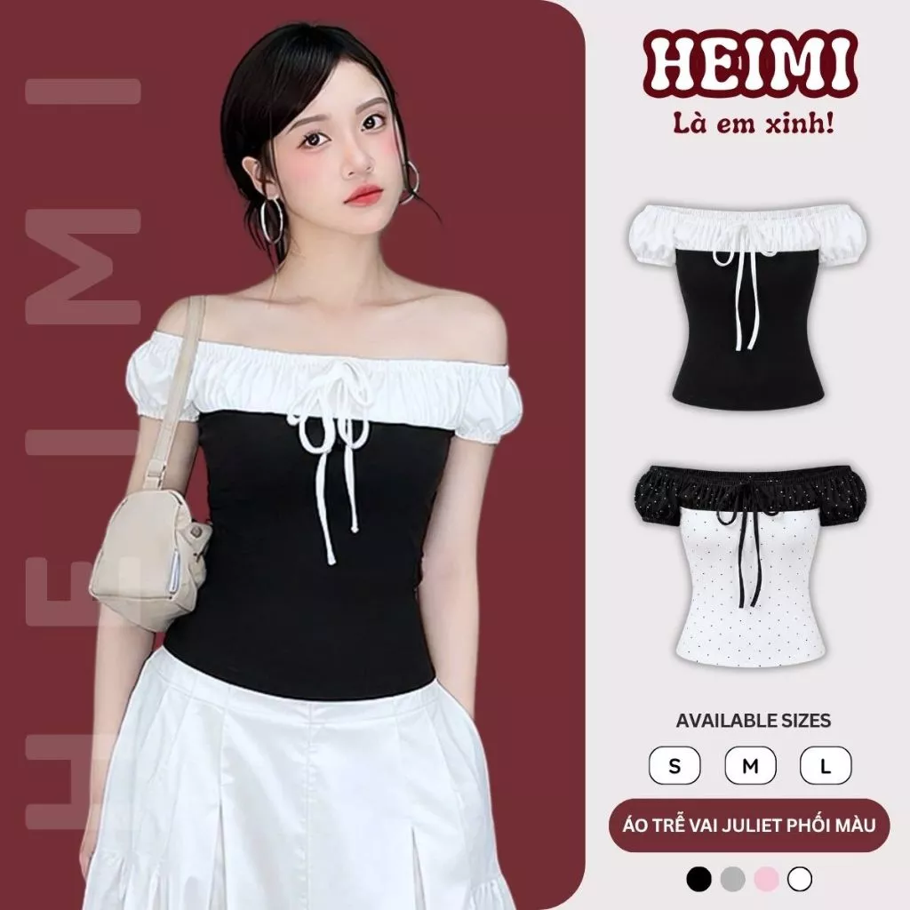 Áo Trễ Vai JULIET Phối Hai Màu Dây Thắt Nơ Xinh Xắn Chất Thun Cotton Mịn Mát Co Giãn HEIMI