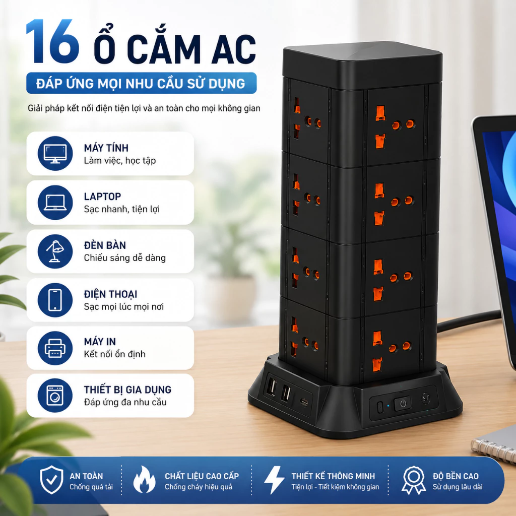 Ổ Cắm Điện Dáng Trụ Sạc Nhanh, Công Suất 2500W Có Cổng USB Type C – Chống cháy