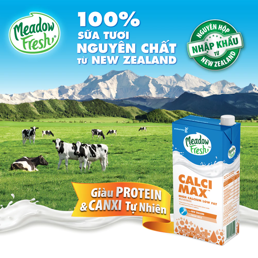 [SIÊU TIÊT KIỆM] Thùng 12 Hộp Sữa Tươi Tiệt Trùng Canxi Ít Béo Meadow Fresh 1L