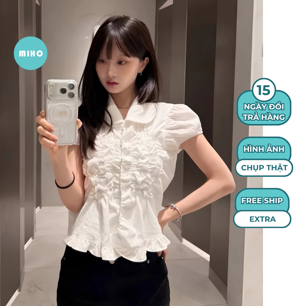 Áo sơ mi nhún ngực dáng nhỏ chất thô cotton Miho House
