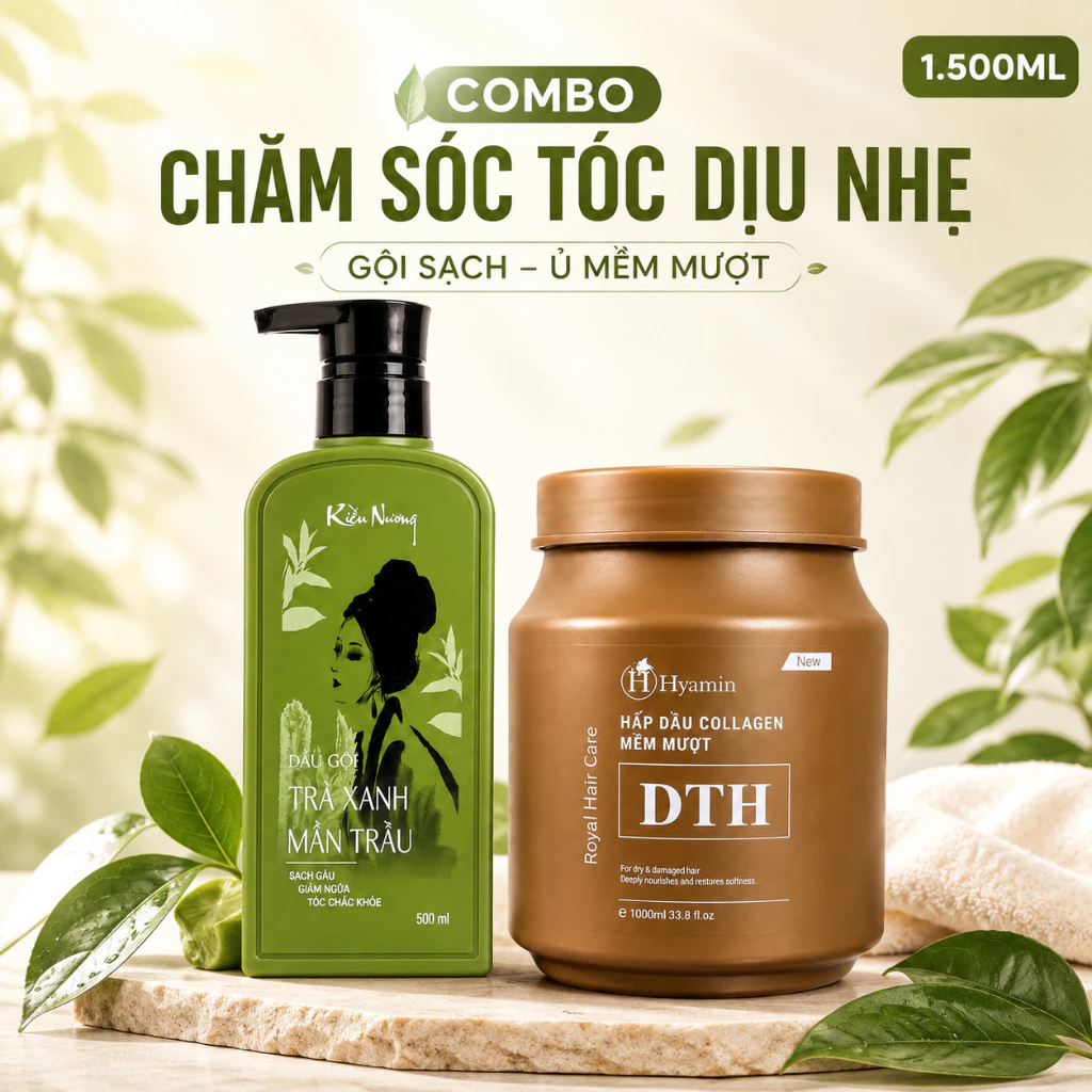 Combo Chăm Tóc Dầu Gội Kiều Nương Trà Xanh Mần Trầu Tặng Kem Ủ Hyamin Collagen - Chăm Sóc Tóc Khô Xơ, Dưỡng Tóc Mềm Mượt