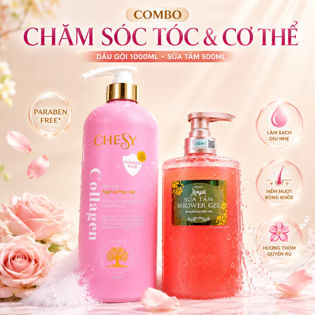Combo Dầu Gội Phục Hồi Chesy Collagen Keratin 1000ml & Sữa Tắm Bibee Royal Hồng 500ml - Mềm Mượt Tóc, Hương Nước Hoa