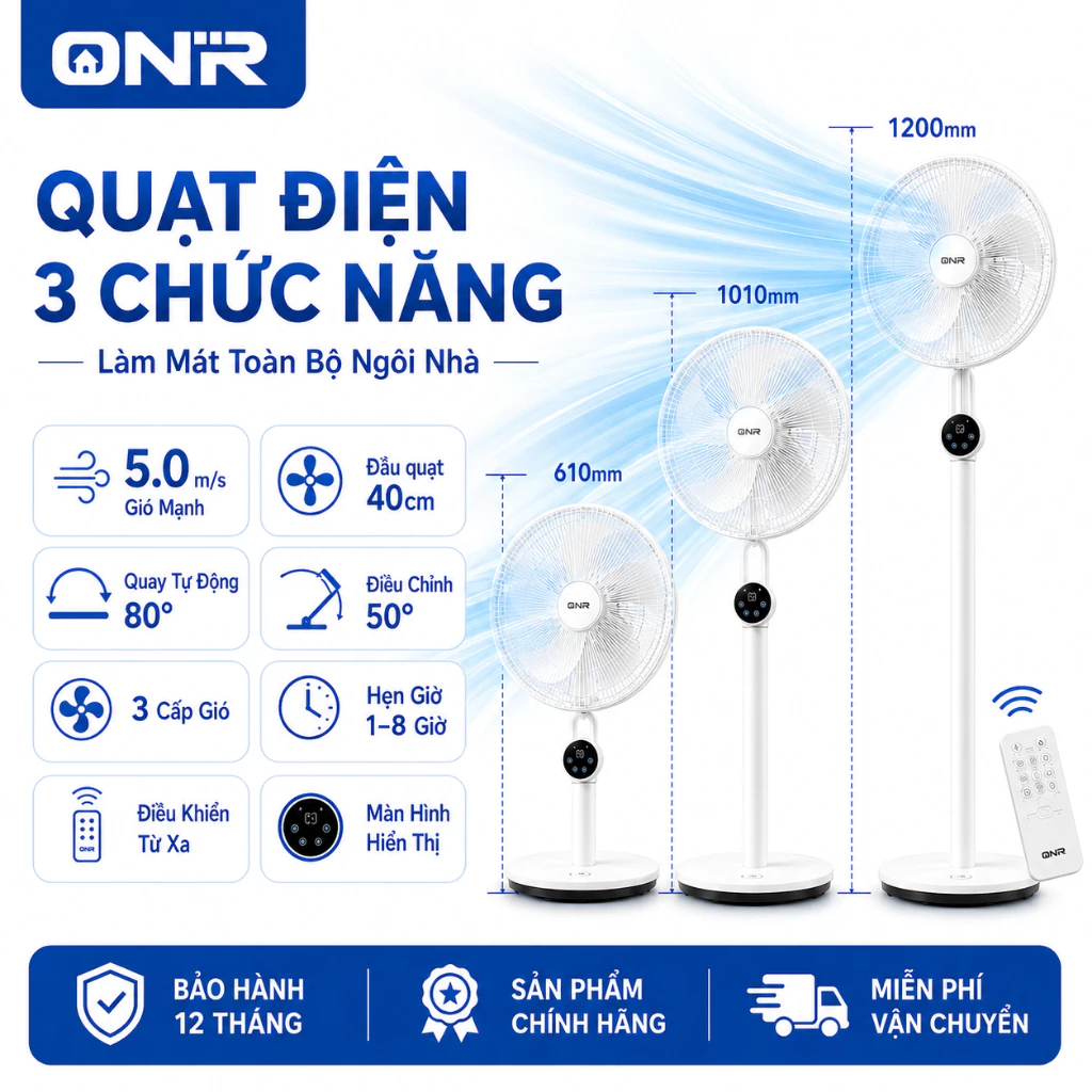 Quạt Cây Đứng Cảm Ứng, Điều Khiển Từ Xa, Hẹn Giờ 9H, 3 Chế Độ Gió, 3 Mức Cao, 40W Tiết Kiệm Điện