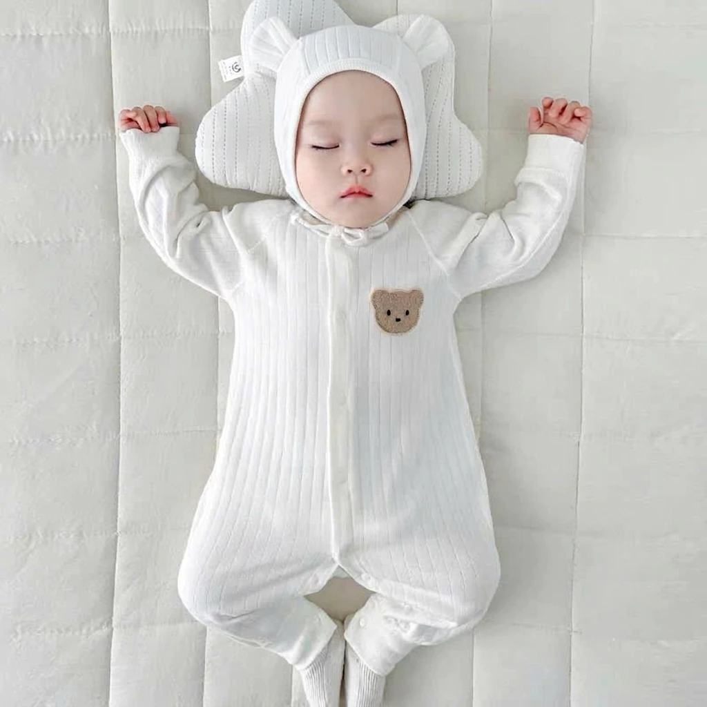 Bodysuit kèm mũ Body dài tay thun cotton cho bé trai bé gái áo liền quần trẻ sơ sinh SLT90