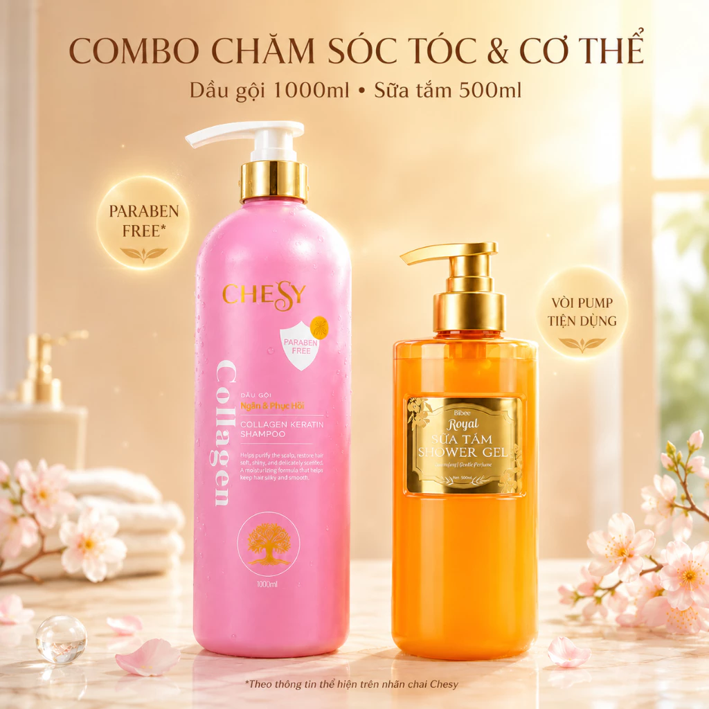 Combo Dầu Gội Chesy Collagen Keratin 1000ml & Sữa Tắm Bibee Royal Cam 500ml - Phục Hồi Tóc Hư Tổn, Lưu Hương