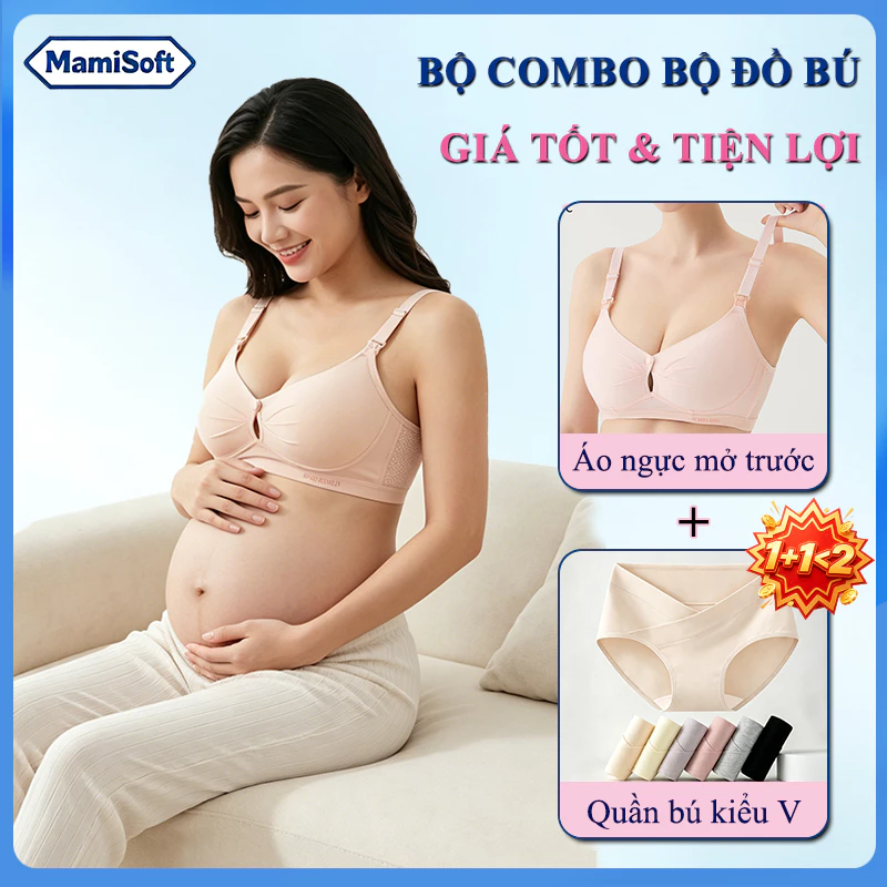 Áo ngực cho con bú Quần lót bầu sau sinh Bộ combo bộ đồ bú Mở cài trước Cạp chéo V Cotton