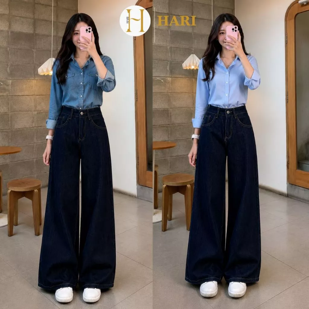 Quần Jeans Bò Màu Xanh Than Mềm Viền Chỉ Nổi Năng Động Ống Rộng Hari Mặc Đi Học Đi Làm