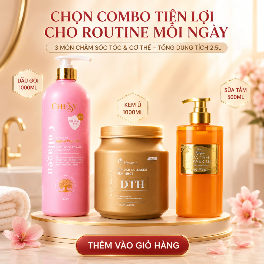 Combo Dầu Gội Chesy 1000ml + Kem Ủ Tóc Collagen DTH 1000ml + Sữa Tắm Bibee Royal Cam 500ml Hương Nước Hoa