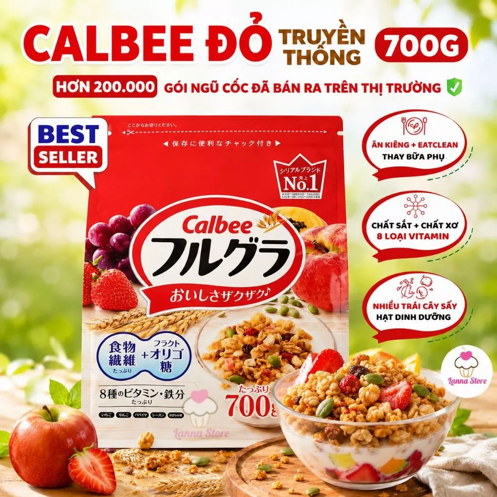 【LÔ MỚI NHẤT】Ngũ cốc Calbee Đỏ Nhật Bản Mix Sữa Chua Trái Cây Granola Ăn Sáng Eat Clean Gói 750gr