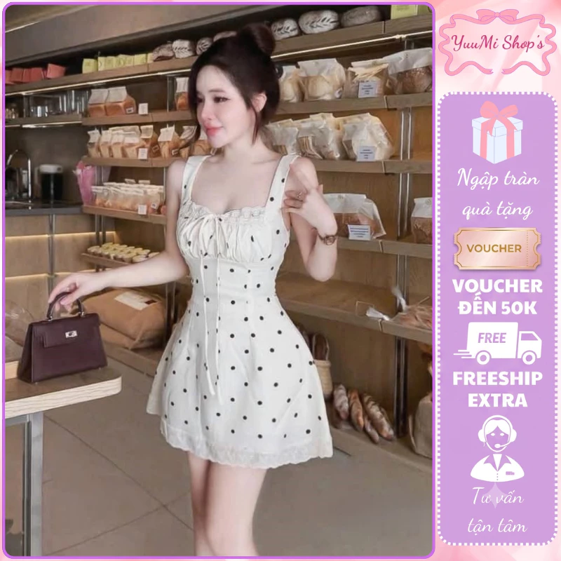 Váy chấm bi nữ dáng xòe hai dây bản to nhún ngực viền ren chiết eo tiểu thư mặc đi cafe dạo phố HCOM27511