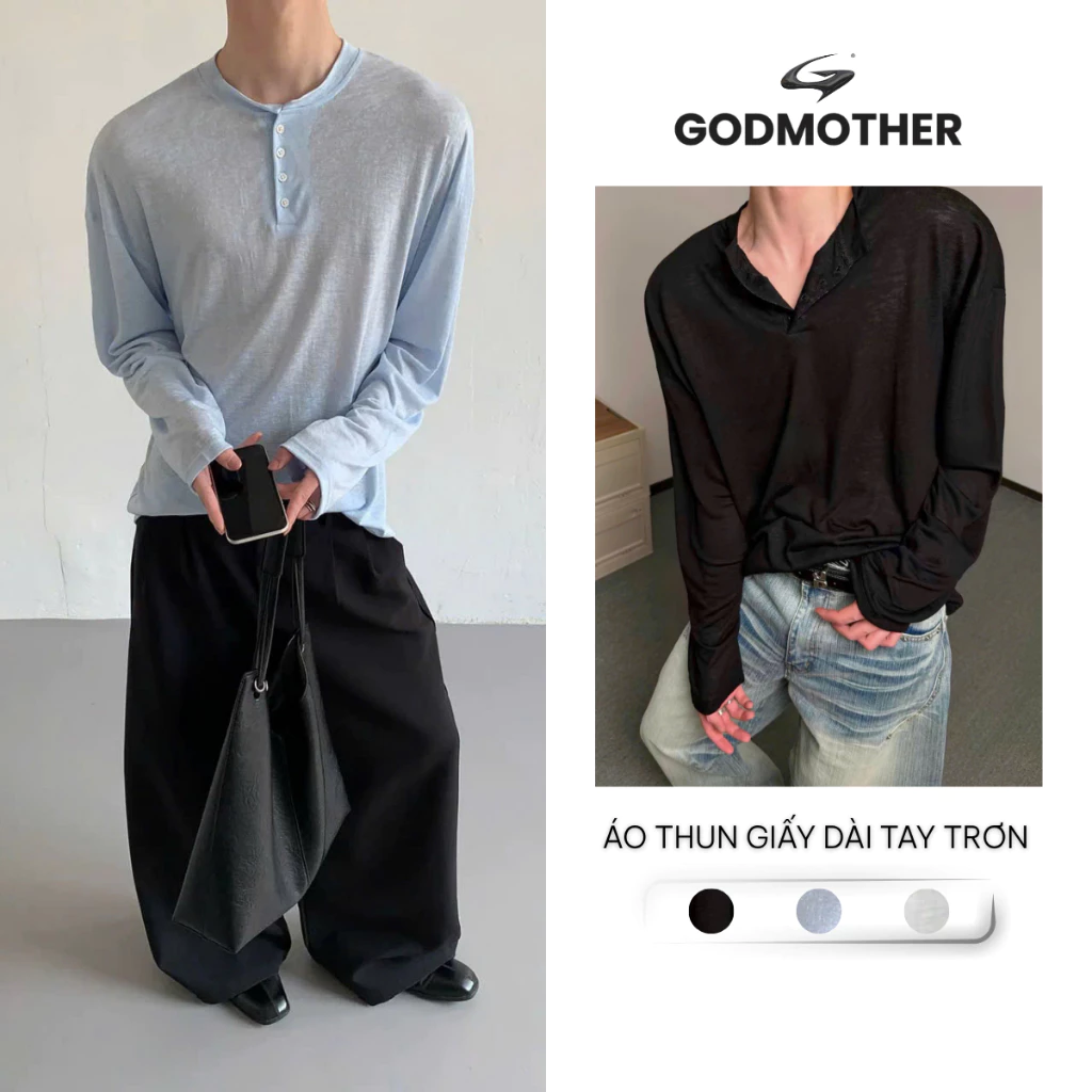 Áo Thun Giấy Trơn Dài Tay GODMOTHER Phối Cúc Form Rộng Chất Liệu Mỏng Nhẹ Co Giãn Thoáng Mát