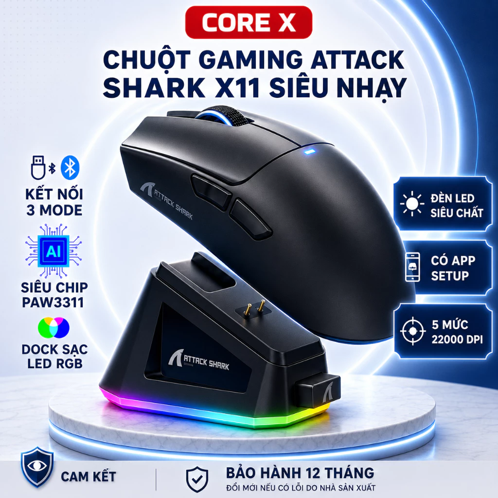 Chuột Gaming Không Dây Attack Shark R1-X11 Chip Paw3311 Core X Cực Mạnh 3 Mode Bluetooth / 2.4G / Type-C