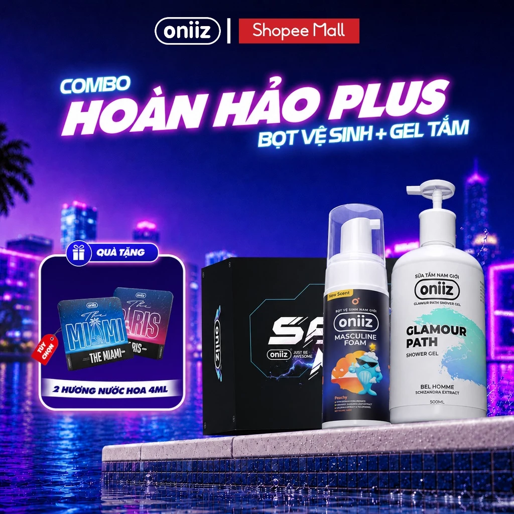 Combo hoàn hảo Plus Bọt vệ sinh nam giới Oniiz Plus, Sữa tắm hương nước hoa Oniiz - Quà tặng nước hoa dùng thử