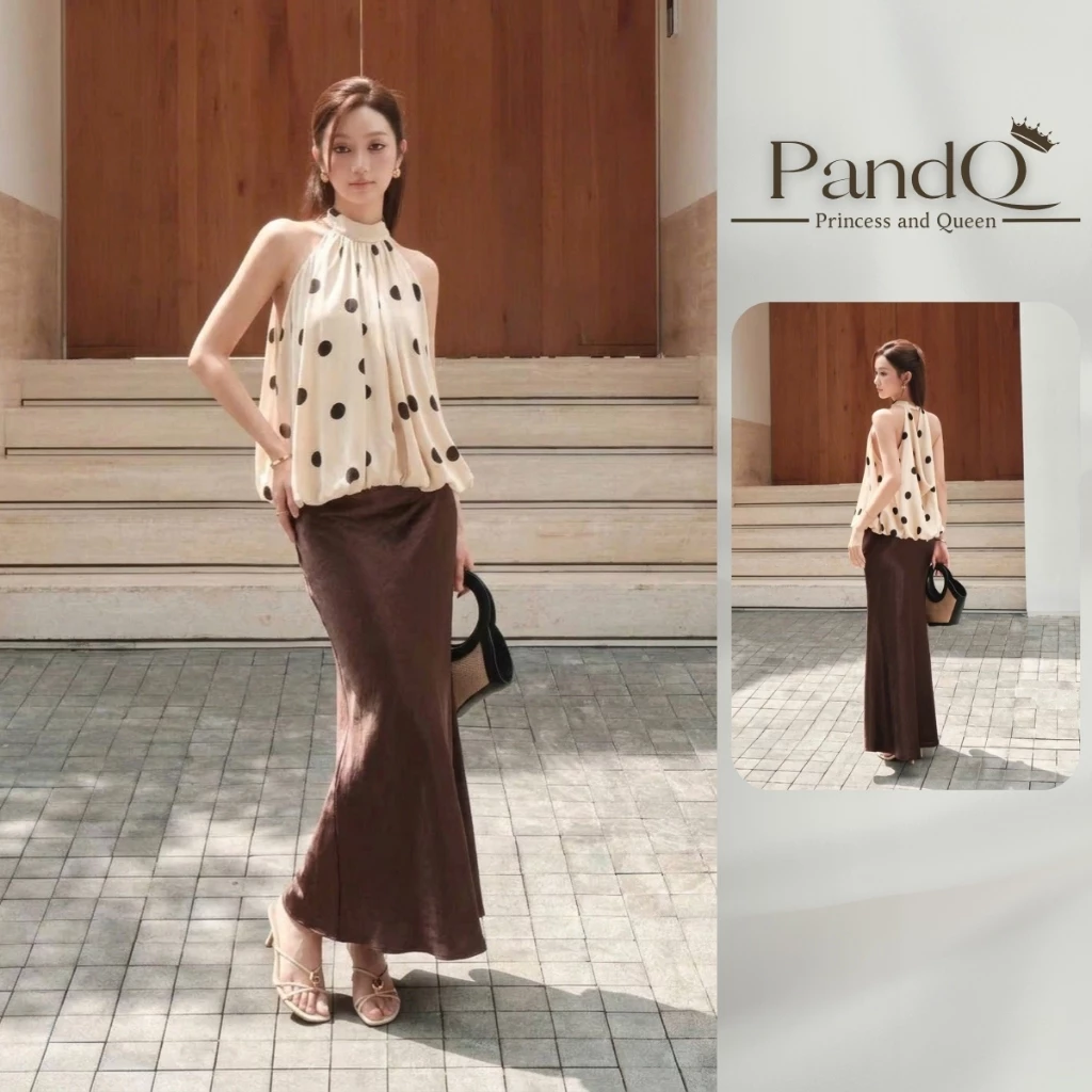 Áo yếm lụa PandQ họa tiết chấm bi hở lưng phong cách vintage sang trọng mặc đi làm, đi tiệc | ao0018