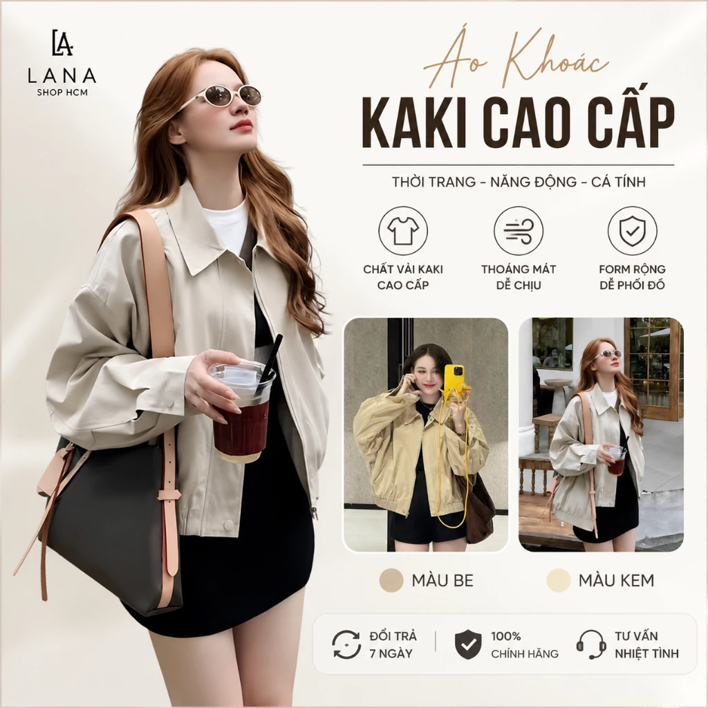 Áo Khoác Nữ Kaki Bomber Cổ Bẻ Khoá Kéo Chất Vải Kaki Mịn Đẹp 2 Lớp Form
