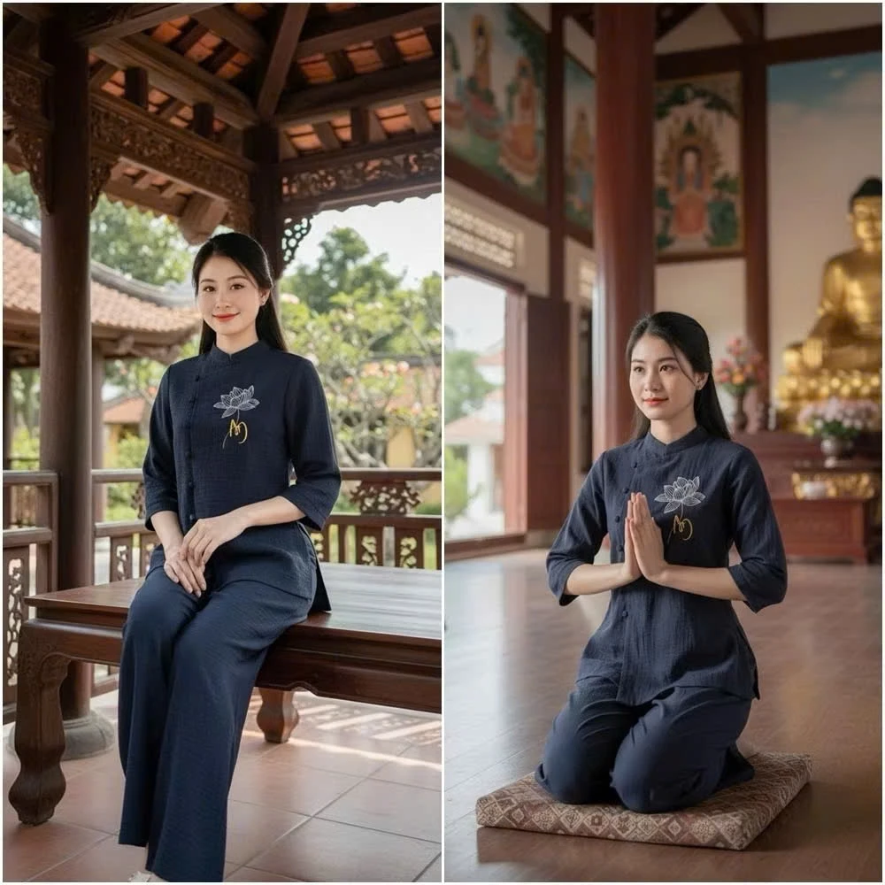 Bộ Đồ Lam Đi Chùa,Pháp Phục đi Lễ chất lụa hàn - Pháp Phục Tâm An TA04