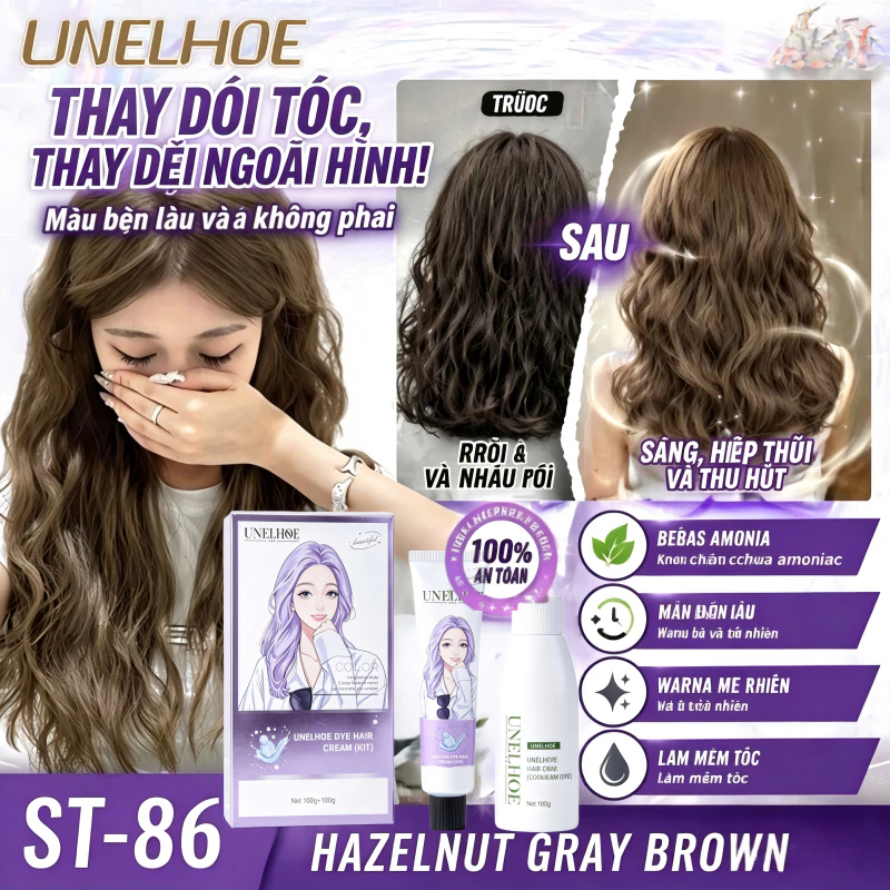 thuốc nhuộm tóc không cần tẩy, kem nhuộm tóc tại nhà UNELHOE tặng kèm dụng cụ ST86 Hazelnut Grey Brown