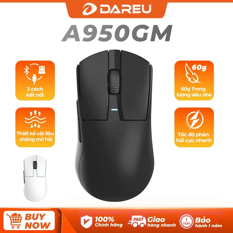 Chuột Gaming không dây DAREU A950GM - Chuẩn Pro-Grade, Nhẹ 60g, sạc USB-C, cảm biến 44K DPI,Ba chế độ kết nối