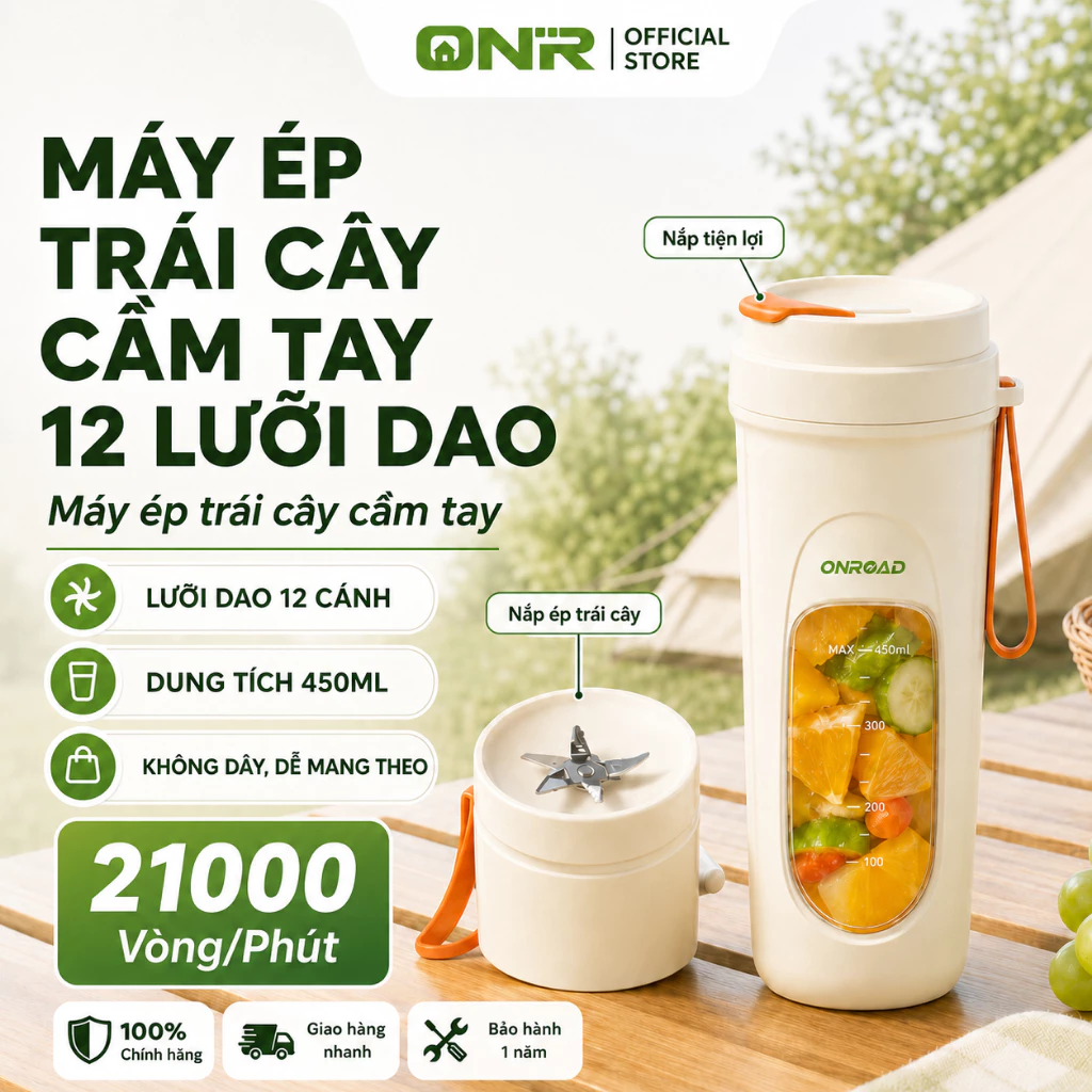 Máy Xay Sinh Tố Cầm Tay 450ml, Máy Ép Trái Cây Mini 12 Lưỡi Dao, Xay Đá, Sạc USB Tiện Lợi